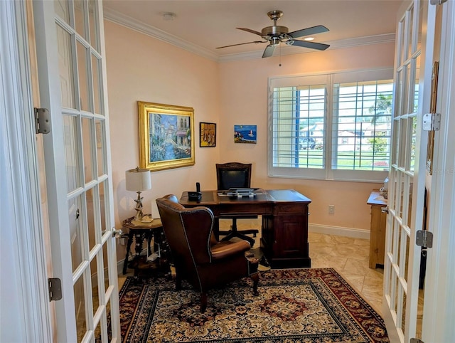 office space featuring baseboards, ceiling fan, french doors, and crown molding