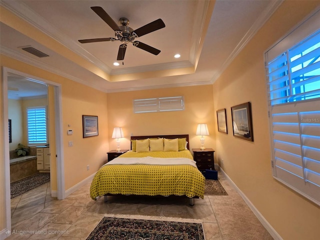 bedroom featuring crown molding, a raised ceiling, visible vents, a ceiling fan, and baseboards