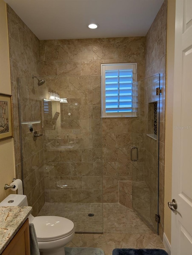 full bathroom featuring vanity, a shower stall, and toilet