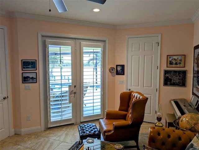 doorway to outside with ornamental molding, french doors, and baseboards