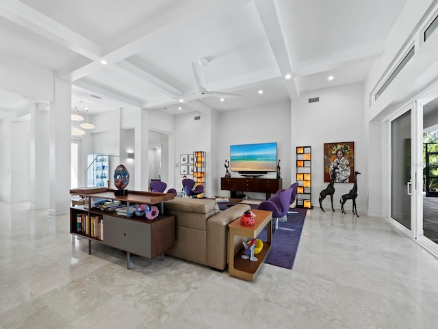 living area with visible vents, coffered ceiling, beam ceiling, and recessed lighting