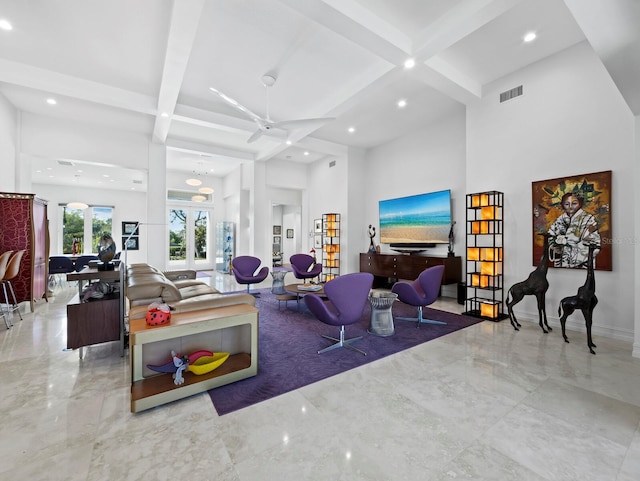 living area with coffered ceiling, visible vents, baseboards, marble finish floor, and beam ceiling