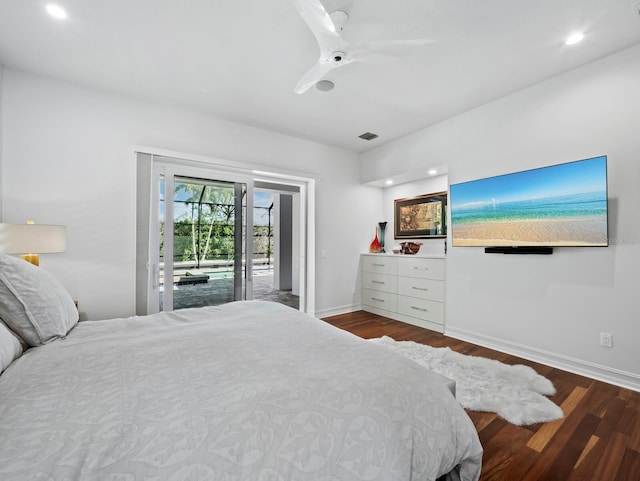 bedroom with access to exterior, dark wood-style flooring, visible vents, ceiling fan, and baseboards