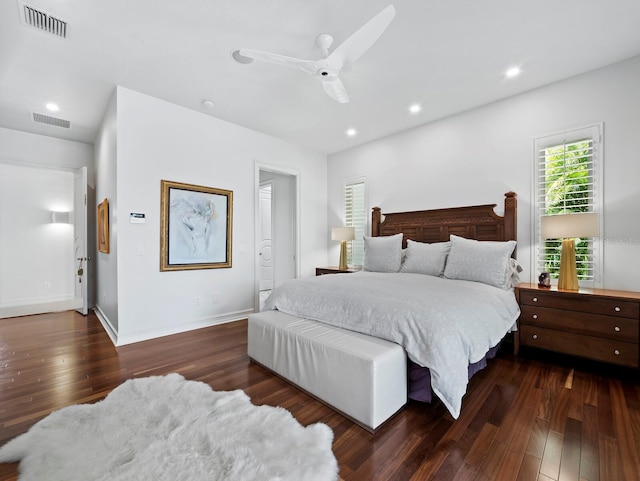 bedroom featuring recessed lighting, baseboards, visible vents, and hardwood / wood-style floors