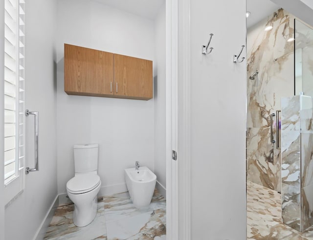 full bathroom with marble finish floor, a marble finish shower, toilet, and baseboards