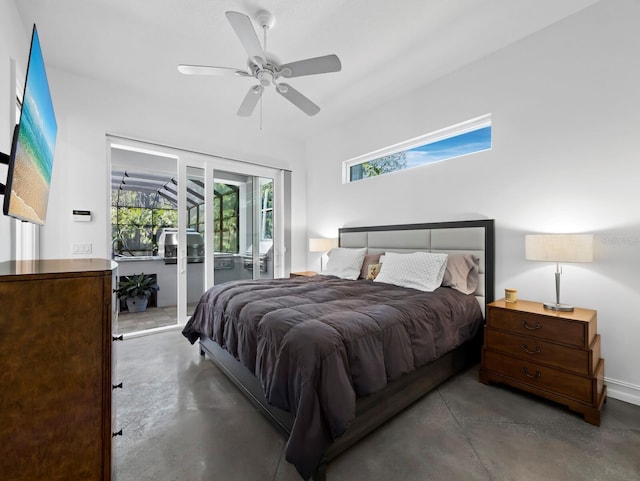 bedroom with finished concrete floors and a ceiling fan