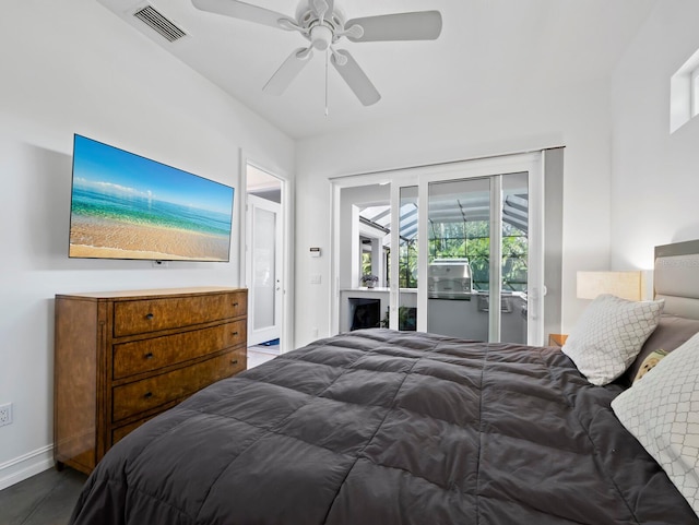 bedroom with ceiling fan, access to outside, visible vents, and baseboards