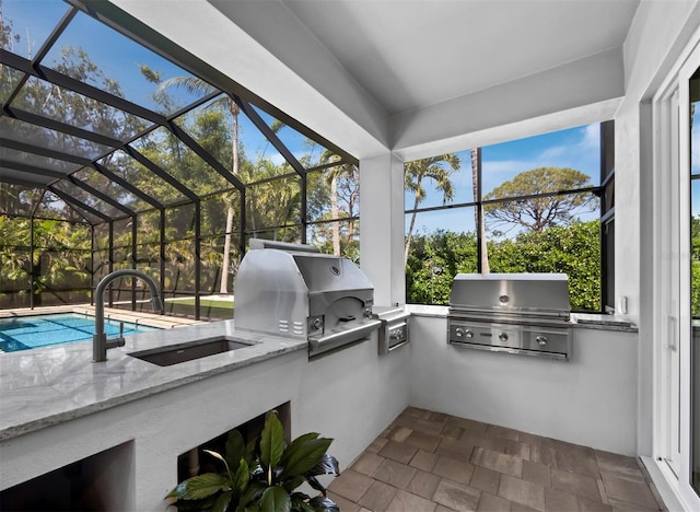 unfurnished sunroom featuring a sink