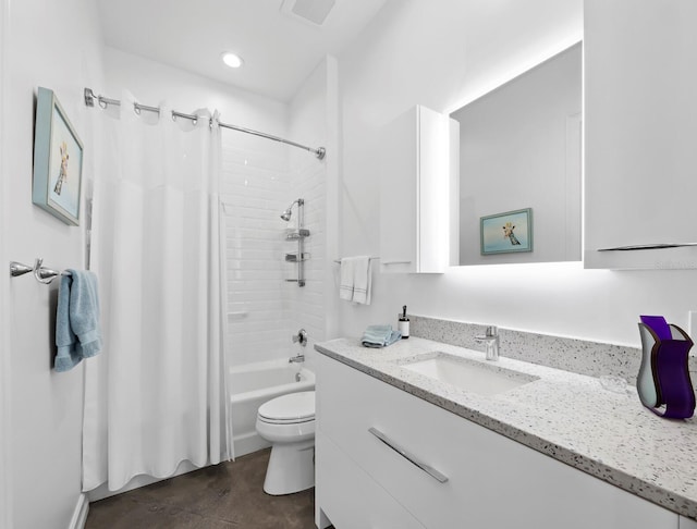 bathroom with shower / tub combo, visible vents, toilet, vanity, and recessed lighting