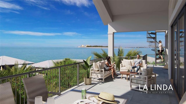 balcony featuring a water view and an outdoor living space