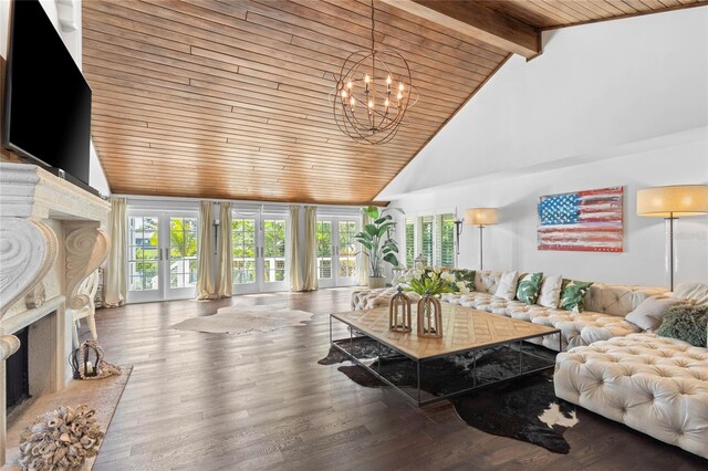 living area with beamed ceiling, high vaulted ceiling, wood finished floors, wooden ceiling, and a fireplace