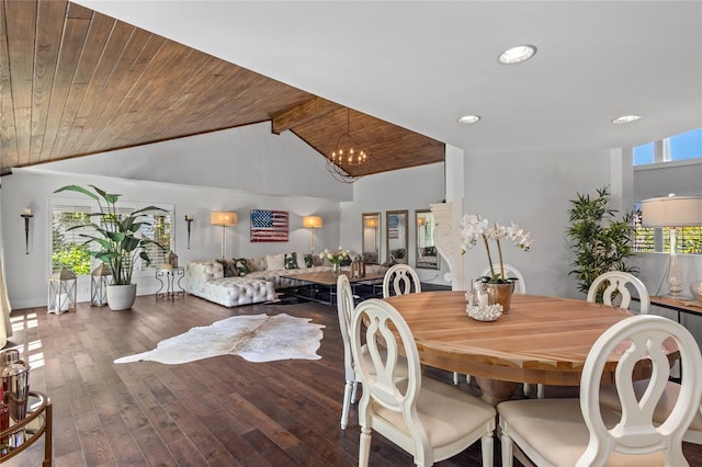 dining room featuring hardwood / wood-style floors, an inviting chandelier, wooden ceiling, and vaulted ceiling with beams