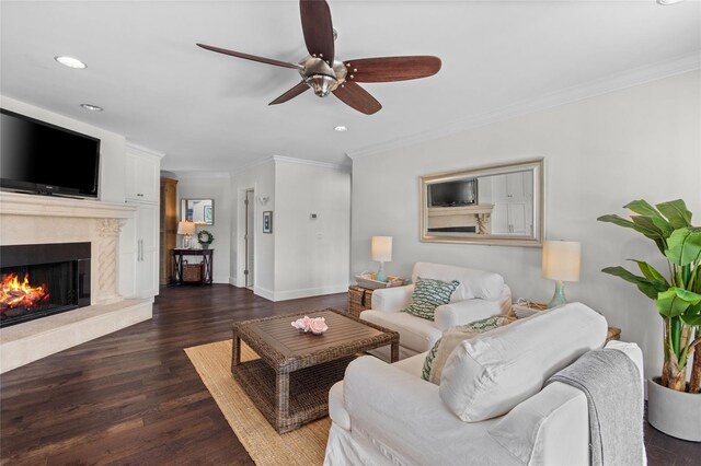 living area featuring wood finished floors, baseboards, recessed lighting, a fireplace, and ornamental molding