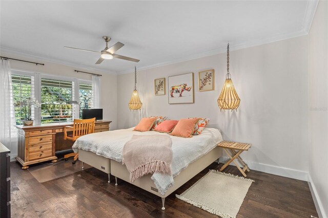 bedroom with baseboards, ceiling fan, dark wood-style flooring, and crown molding