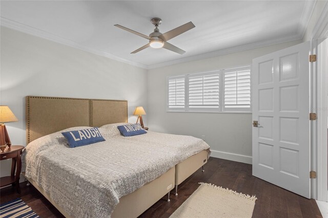 bedroom with baseboards, dark wood finished floors, a ceiling fan, and ornamental molding