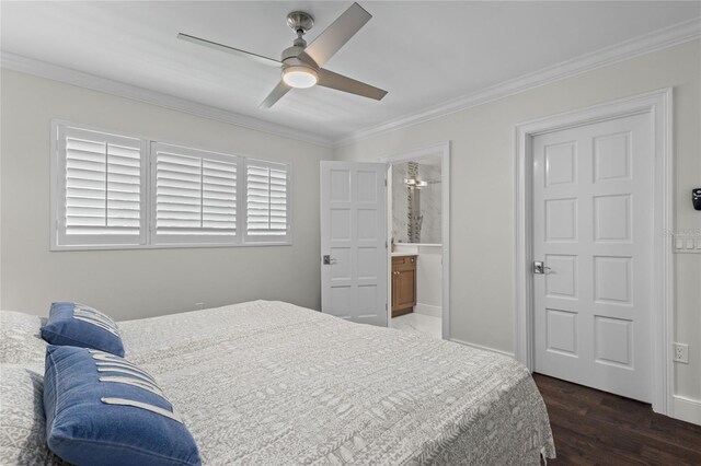 bedroom with a ceiling fan, ensuite bath, wood finished floors, crown molding, and baseboards