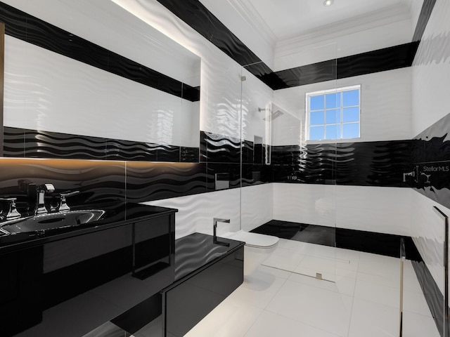 bathroom featuring tile patterned flooring, walk in shower, crown molding, toilet, and tile walls