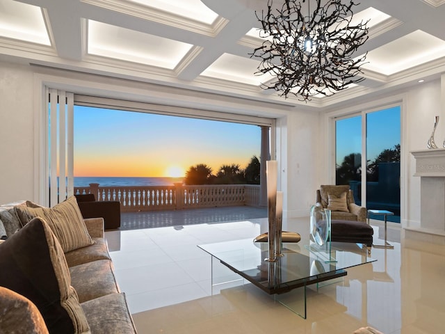 tiled living area featuring beam ceiling, coffered ceiling, and ornamental molding