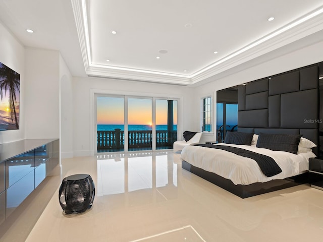 bedroom featuring a tray ceiling, crown molding, recessed lighting, and access to exterior