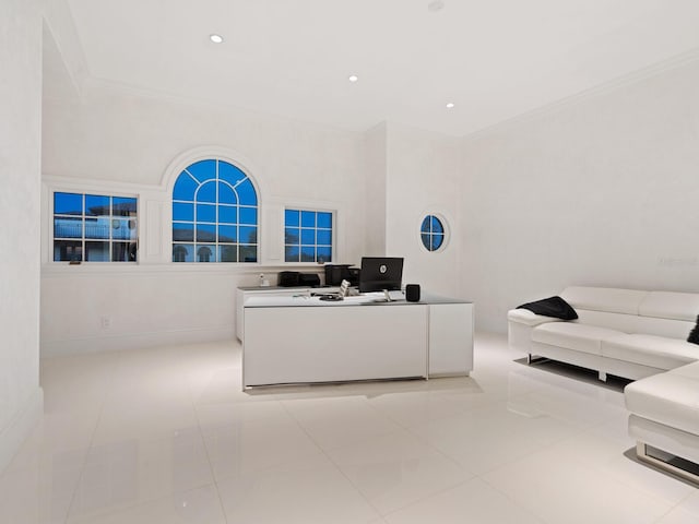 office with crown molding, light tile patterned floors, and recessed lighting