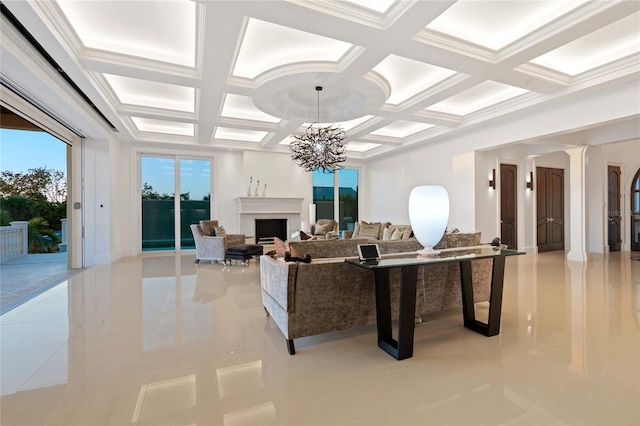 3909 Casey Key Rd, Nokomis, FL 34275 - living room with coffered ceiling, a chandelier, light tile patterned floors, a fireplace, and beamed ceiling