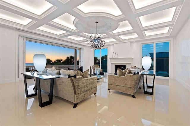 3909 Casey Key Rd, Nokomis, FL 34275 - living room with coffered ceiling, a chandelier, light tile patterned floors, beam ceiling, and a fireplace