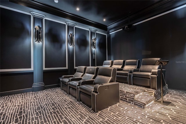 3909 Casey Key Rd, Nokomis, FL 34275 - carpeted home theater room featuring crown molding