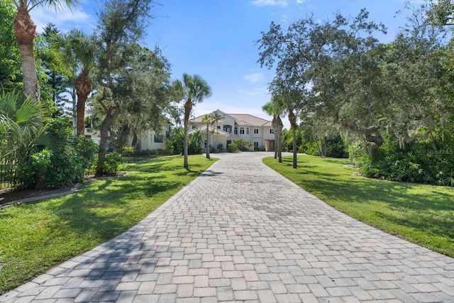 view of home's community with decorative driveway and a lawn