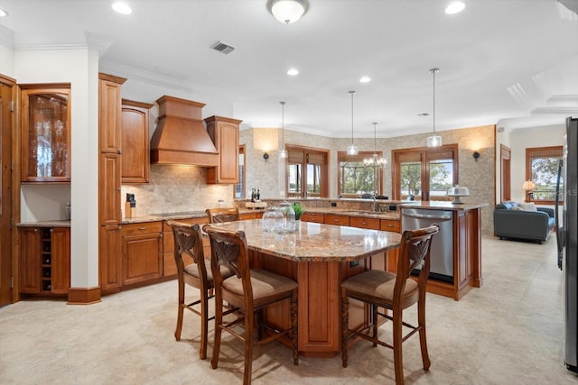 dining room featuring recessed lighting, visible vents, and crown molding