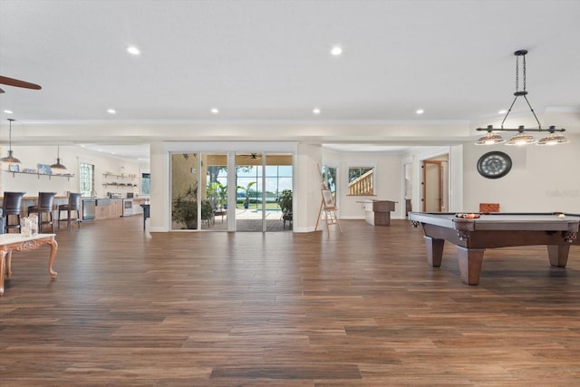 game room with baseboards, dark wood-type flooring, pool table, crown molding, and recessed lighting