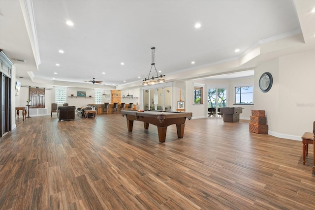 rec room featuring recessed lighting, wood finished floors, billiards, and a barn door