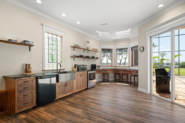 kitchen featuring dishwashing machine, stainless steel electric range oven, plenty of natural light, and open shelves