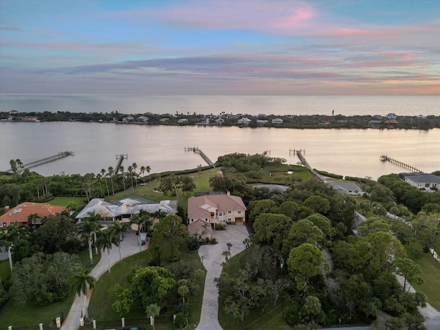 drone / aerial view with a water view