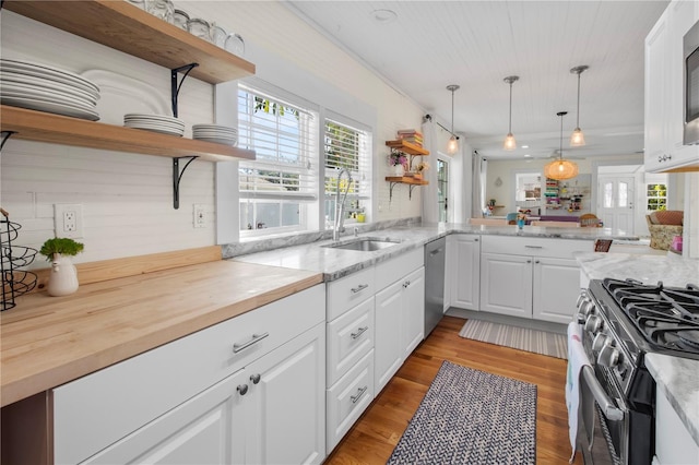 kitchen with plenty of natural light, appliances with stainless steel finishes, open shelves, and a sink