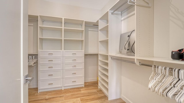 walk in closet with light wood-style flooring