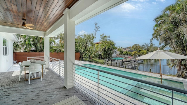 exterior space with a fenced in pool, a patio, a ceiling fan, and fence