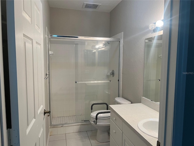 bathroom with a stall shower, visible vents, toilet, and tile patterned floors