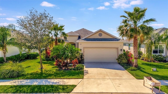 mediterranean / spanish-style home featuring stucco siding, a shingled roof, concrete driveway, an attached garage, and a front yard