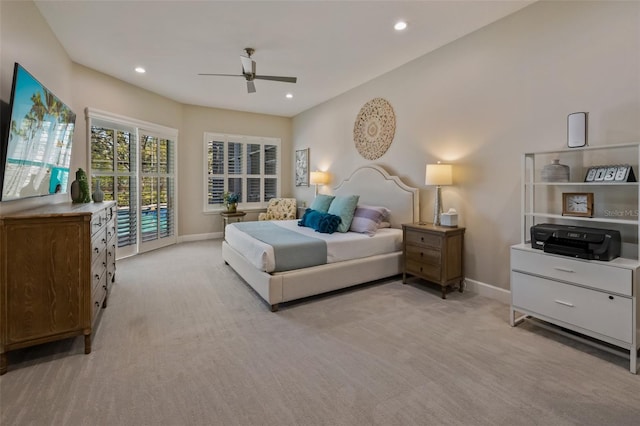 bedroom featuring recessed lighting, baseboards, light carpet, and access to outside