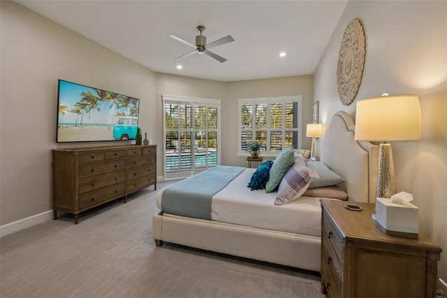 bedroom featuring recessed lighting, baseboards, and ceiling fan