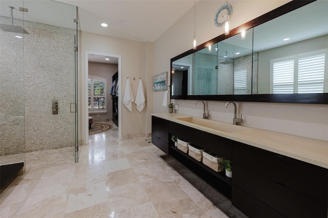 full bath with recessed lighting, a stall shower, and vanity