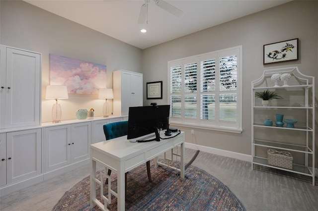 home office with recessed lighting, a ceiling fan, baseboards, and light carpet