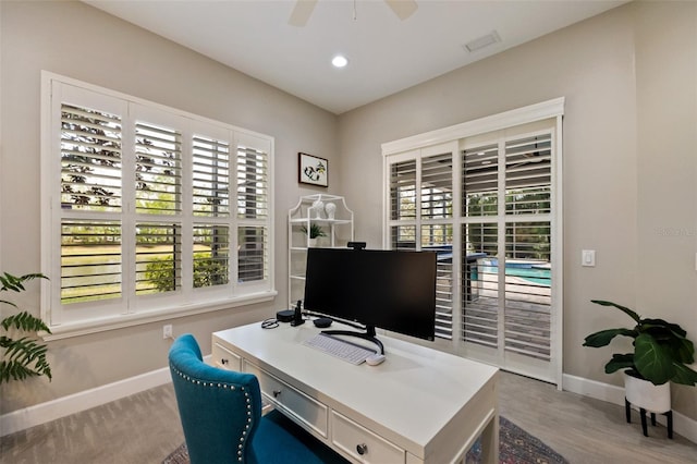 office with recessed lighting, visible vents, baseboards, and a ceiling fan