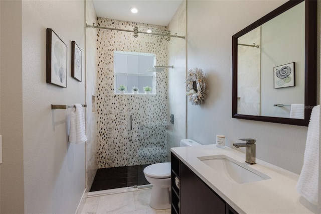 bathroom featuring vanity, toilet, and a stall shower