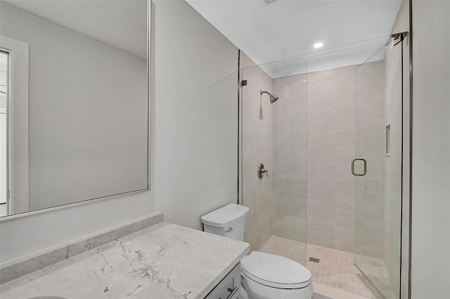 full bath with recessed lighting, a stall shower, toilet, and vanity