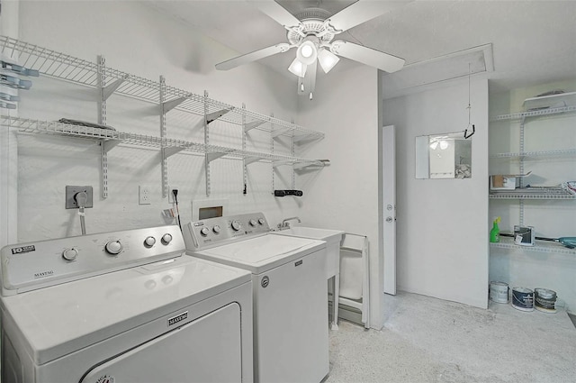 laundry room with washer and dryer, laundry area, attic access, and a ceiling fan