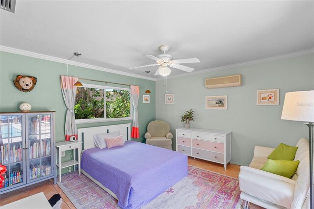 tiled bedroom featuring ceiling fan, visible vents, ornamental molding, and a wall mounted air conditioner