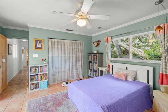 tiled bedroom with ceiling fan, ornamental molding, and visible vents