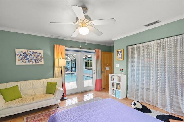 bedroom with ceiling fan, visible vents, access to outside, tile patterned floors, and crown molding