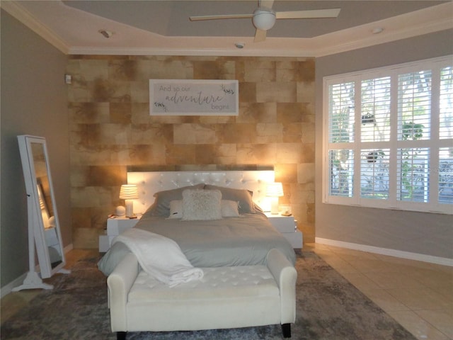 1354 Tearose Pl, Sarasota, FL 34239 - bedroom with crown molding, a ceiling fan, baseboards, and tile patterned floors